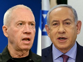 This combination of pictures created on May 21, 2024 shows Israel's Defence Minister Yoav Gallant (left) during a press conference in Tel Aviv on Dec. 18, 2023 and Prime Minister Benjamin Netanyahu addressing a cabinet meeting at the Israeli Ministry of Defence in Tel Aviv on Dec. 31, 2023.