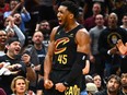 Donovan Mitchell of the Cleveland Cavaliers reacts during the fourth quarter against the Orlando Magic in Game Seven of the Eastern Conference First Round Playoffs at Rocket Mortgage Fieldhouse on May 5, 2024 in Cleveland, Ohio.