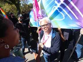 Fred Hahn, the president of CUPE Ontario, was on hand at a rally with a large group of pro-2SLGBTQ+ rights advocates staged a day-long rally outside Victoria Park C.I. on Wallingford Rd. in North York on Sept. 22, 2023.