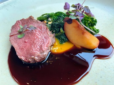 Perthshire Roe deer loin with squash puree and plum served at The Lookout atop Calton Hill.
