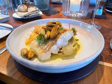 Scottish Hake topped with mussels.