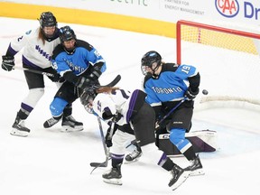 Toronto's Jesse Compher (18) scores against Minnesota during third period PWHL playoff hockey action in Toronto, on Friday, May 10, 2024.
