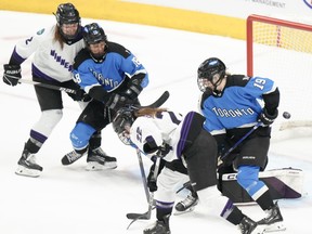 Toronto's Jesse Compher (18) scores against Minnesota during third period PWHL playoff hockey action in Toronto, Friday, May 10, 2024.