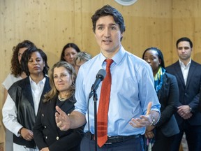 Prime Minister Justin Trudeau speaks to media at Stationview YMCA Child Care Centre in St. Thomas, Ont., May 13, 2024.