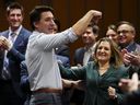 Deputy Prime Minister and Minister of Finance Chrystia Freeland gets a shout-out from Prime Minister Justin Trudeau during a caucus meeting on Parliament Hill in Ottawa on Wednesday, April 17, 2024.