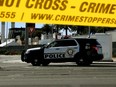 A Las Vegas police vehicle is seen amid crime scene tape on Oct. 2, 2017.