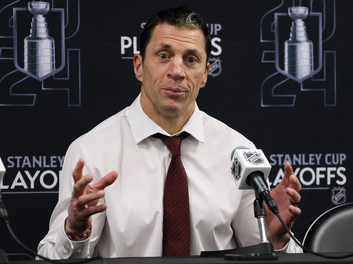  Head coach Rod Brind’Amour of the Carolina Hurricanes speaks with the media at UBS Arena on April 25, 2024 in Elmont, New York.