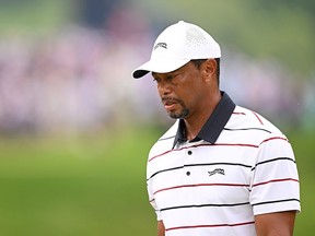 Tiger Woods looks on from the eighth green during the second round of the PGA Championship at Valhalla Golf Club on Friday. Ross Kinnaird/Getty Images