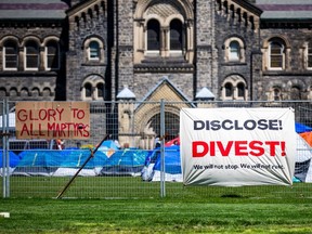 Pro-Palestinian encampment in an area that was fenced off at the University of Toronto campus in downtown Toronto on Thursday May 2, 2024.