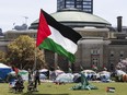 A Palestinian flag is flown as an encampment protesting Israel's war in Gaza continues to stand at the University of Toronto campus in Toronto on Tuesday, May 7, 2024.