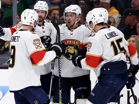 Panthers forward Vladimir Tarasenko (10) celebrates with teammates after scoring a goal during the second period against the Bruins in Game 3 of the Second Round of the 2024 Stanley Cup Playoffs at TD Garden in Boston, Friday, May 10, 2024.