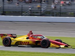 Alex Palou, of Spain, drives during the IndyCar Grand Prix auto race at Indianapolis Motor Speedway, Saturday, May 11, 2024, in Indianapolis.