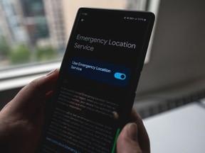 An Android device shows Emergency Location Service enabled in the settings menu, in Toronto, Monday, May 13, 2024.