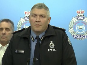 In this image from a video, Western Australian Police Commissioner Col Blanch speaks at a press conference in Perth, Australia Sunday, May 5, 2024.