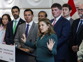 Deputy Prime Minister Chrystia Freeland speaks during a press conference announcing new measures the government is taking to combat auto theft in the Canada, in Brampton, Ont., Monday, May 20, 2024.