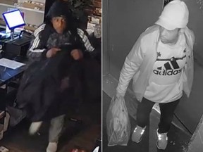 Two suspects are being sought for breaking into a commercial building and stealing goods.