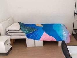 Bed at the Athletes village of the 2024 Summer Olympics in the Paris suburb of Saint-Ouen-sur-Seine.