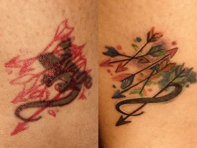 Tattoo of salamander with red sketching, left, reworked tattoo with arrows and Sagittarius symbol.