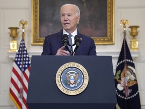 President Joe Biden delivers remarks on the verdict in former president Donald Trump's hush money trial and on the Middle East, from the State Dining Room of the White House, Friday, May 31, 2024, in Washington.