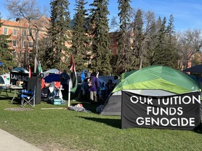 Edmonton police say they cleared a pro-Palestinian encampment at the University of Alberta early Saturday morning. Tents are set up at a Gaza encampment protest on the campus of the University of Alberta in Edmonton on Friday, May 10, 2024.