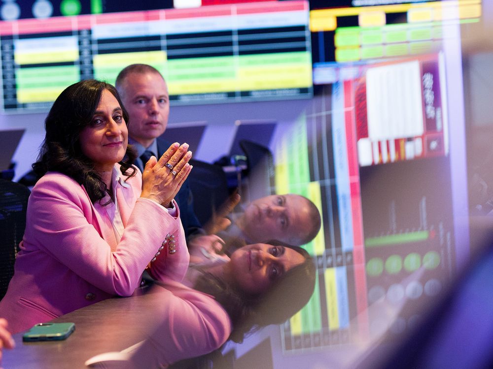 President of the Treasury Board Anita Anand participates in a tour of the uOttawa-IBM Cyber Range, at the University of Ottawa, in Ottawa, Wednesday, May 22, 2024. 
