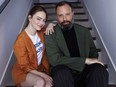 Emma Stone, left, and director Yorgos Lanthimos pose for a portrait photograph for the film "Kinds of Kindness" at the 77th international film festival, Cannes, southern France, Saturday, May 18 2024.