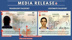 Investigators released images showing some differences between a fraudulent and legitimate Canadian passport after a man was accused of trying to open a bank account in Oshawa with phony ID on Tuesday, May 28, 2024.