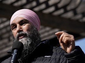 NDP Leader Jagmeet Singh speaks during a press conference in Toronto on Monday, April 1, 2024. Singh is slamming the federal Liberals for handing out nearly $26 million to Costco and Loblaws for energy-efficient appliances in recent years.THE CANADIAN PRESS/Nathan Denette