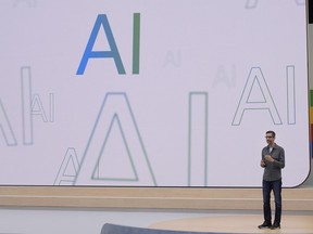 Alphabet CEO Sundar Pichai speaks at a Google I/O event in Mountain View, Calif., May 14, 2024.
