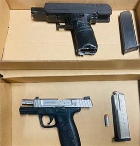 Two men face charges after they were allegedly caught in a stolen vehicle in North York with loaded guns (seen here), cocaine and break-in instruments on Wednesday, May 1, 2024.
