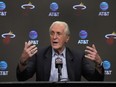 FILE - Miami Heat president Pat Riley gestures as he speaks during an end of season NBA basketball news conference in Miami, Tuesday, June 20, 2023. Riley laid out the plan for the team's offseason on Monday, May 6, 2024, after a disappointing first-round exit to Boston and an injury-plagued regular season.