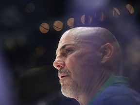 Vancouver Canucks head coach Rick Tocchet watches as the team practices ahead of Game 1 of their NHL hockey Stanley Cup second-round playoff series against the Edmonton Oilers, in Vancouver, B.C., Tuesday, May 7, 2024. Rick Tocchet of the Vancouver Canucks is this season's Jack Adams Award winner as the NHL's coach of the year.