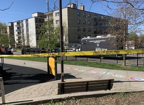 Toronto Police at the scene of a double shooting that left a man dead and a woman wounded on Tuesday, May 7, 2024 in the Winona Dr and Vaughan Rd area. KEVIN CONNOR/TORONTO SUN