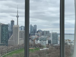 The view of the CN Tower and cityscape from my 23rd floor one bedroom corner suite at Hotel X Toronto (Jane Stevenson/Toronto Sun)