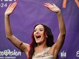 Eden Golan representing Israel with the song "Hurricane," reacts during a press conference after qualifying for the final during the second semifinal of the 68th edition of the Eurovision Song Contest (ESC) at the Malmo Arena, in Malmo, Sweden, on May 9, 2024.