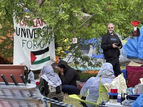 A pro-Palestinian encampment is shown Tuesday, May 28, 2024, on the campus of Wayne State University in Detroit. The school suspended in-person classes and encouraged staff to work remotely to avoid any problems with the encampment.