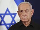 Israeli Prime Minister Benjamin Netanyahu attends a press conference in the Kirya military base in Tel Aviv, Israel on Oct. 28, 2023.