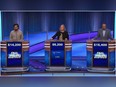 Contestants Amar Kakirde, Abby Mann, and Steve Miller are pictured on "Jeopardy!"