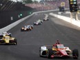 Josef Newgarden, driver of the #2 Shell Powering Progress Team Penske, leads a pack of cars during the 108th Running of the Indianapolis 500 at Indianapolis Motor Speedway on May 26, 2024 in Indianapolis, Ind.