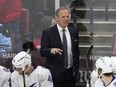 Tampa Bay Lightning head coach Jon Cooper calls out to players during the third period of Game 2 of the first-round of an NHL Stanley Cup Playoff series against the Florida Panthers, Tuesday, April 23, 2024, in Sunrise, Fla.