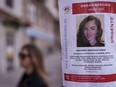 A banner of a Colombian-born American missing woman Ana Maria Knezevich Henao, 40, is displayed on a streetlight in Madrid, Spain, Feb. 16, 2024. The estranged husband of the woman who disappeared three months ago in Spain has been charged by U.S. federal agents with her kidnapping. U.S. marshals arrested David Knezevich at Miami International Airport on Saturday, May 4, 2024.