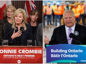 Ontario Liberal Leader Bonnie Crombie talks to the media at the Queens Park Legislature in Toronto on December 5, 2023; Ontario Premier Doug Ford speaks to the media during an announcement in Caledon, Ont., on Tuesday, April 30, 2024.