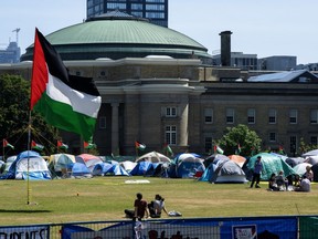 A Palestinian flag flies over the encampment