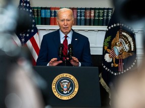 President Biden delivers remarks on college protests in the Roosevelt Room of the White House on Thursday. MUST CREDIT: Demetrius Freeman/The Washington Post