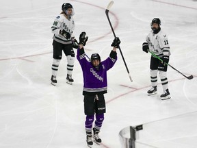 Minnesota forward Taylor Heise celebrates her goal against Boston during the first period of Game 3 of the PWHL hockey championship series, Friday, May 24, 2024, in St. Paul, Minn.