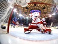 Frederik Andersen of the Carolina Hurricanes gives up a goal to Mika Zibanejad of the New York Rangers during the first period in Game 1 of the Second Round of the 2024 Stanley Cup Playoffs at Madison Square Garden on May 5, 2024 in New York City.