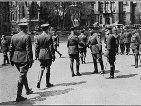 This picture taken April 22, 1915, shows Canadian military officers being introduced to the governor general of the day -- Prince Arthur, Duke of Connaught and Strathearn -- at the location of the encampment set up by pro-Hamas protesters.