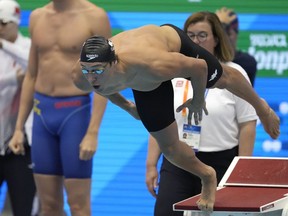 Canadian Olympic swimmer Ruslan Gaziev has been suspended 18 months for anti-doping rule violations. Gaziev competes during the mixed 4x100m relay heat at the World Swimming Championships in Fukuoka, Japan, Saturday, July 29, 2023.