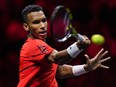 Montreal's Felix Auger-Aliassime has advanced to his first ATP Masters final, and he hasn't had to play that much tennis to do it. Auger-Aliassime returns to Team Europe's Gael Monfils during the second set of a Laver Cup tennis singles match, in Vancouver, B.C., Friday, Sept. 22, 2023.