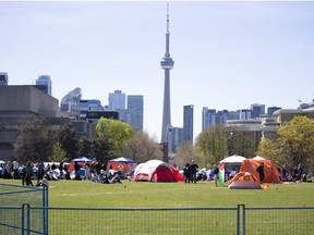 Pro-Palestinian encampment in an area that was fenced off at the University of Toronto campus in downtown Toronto on Thursday May 2, 2024.